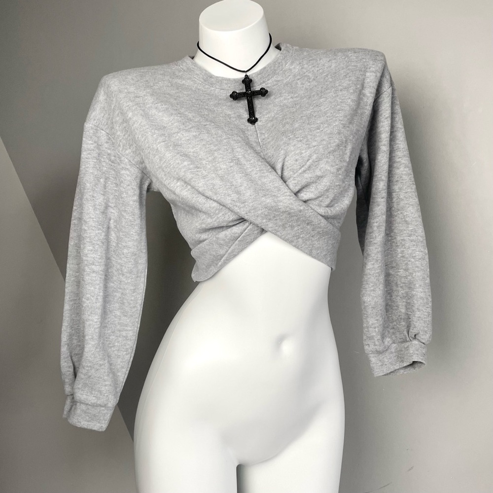 Gray Twist Front Top Cropped Sweater